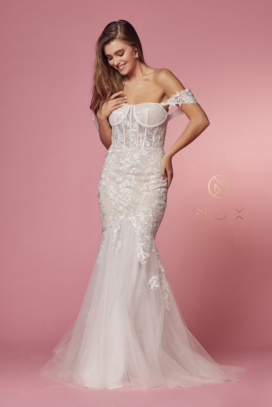 Fitted Off Shoulder Lace Gown by Nox Anabel JS924