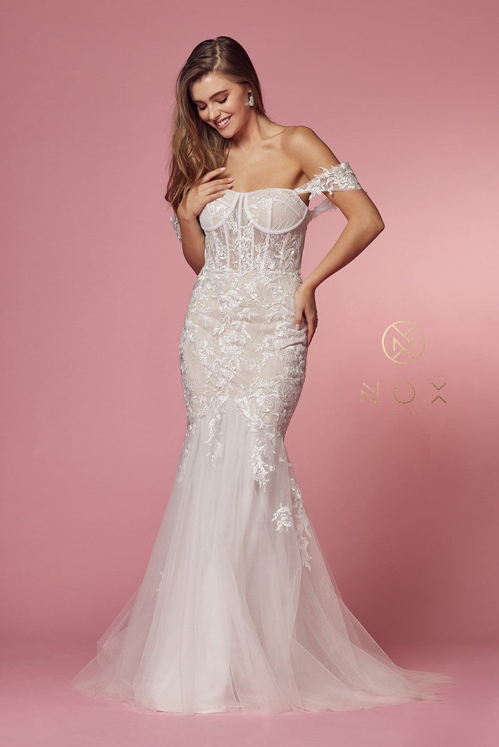 Fitted Off Shoulder Lace Gown by Nox Anabel JS924
