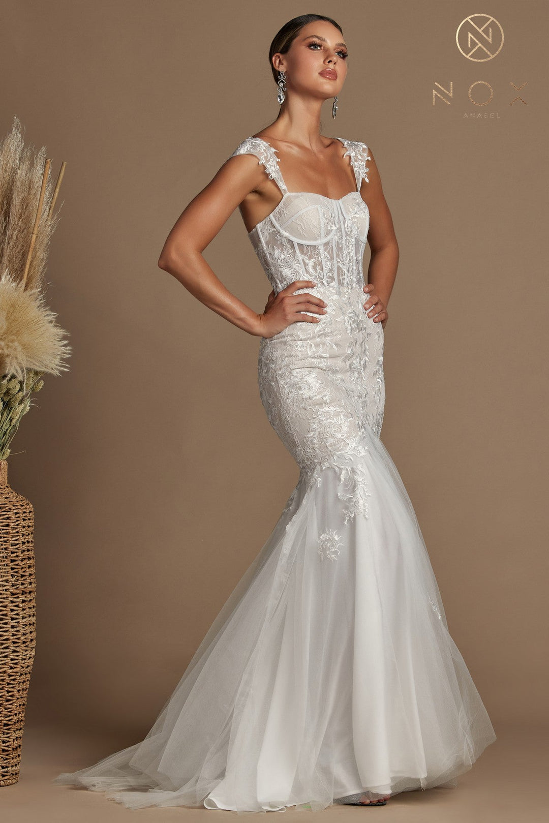 Fitted Off Shoulder Lace Gown by Nox Anabel JS924