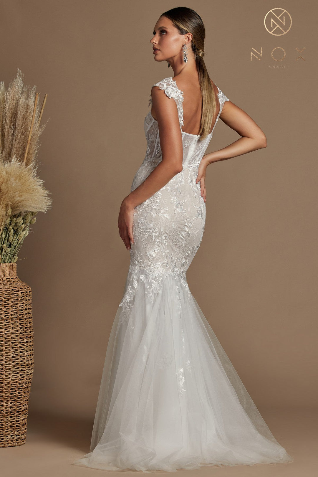 Fitted Off Shoulder Lace Gown by Nox Anabel JS924