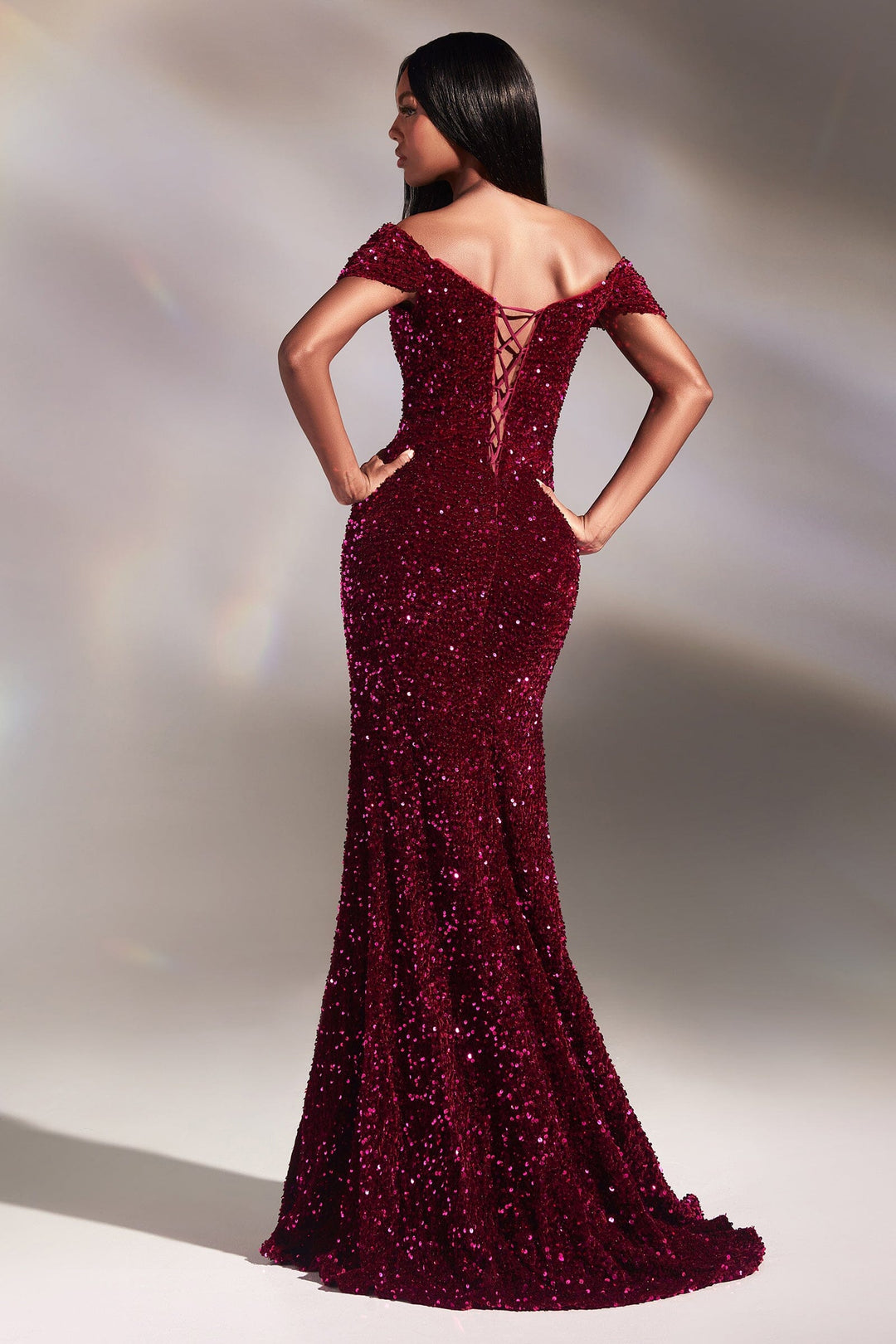 Fitted Off Shoulder Lace-Up Sequin Gown by Ladivine CA109