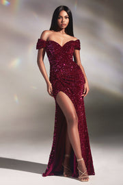 Fitted Off Shoulder Lace-Up Sequin Gown by Ladivine CA109