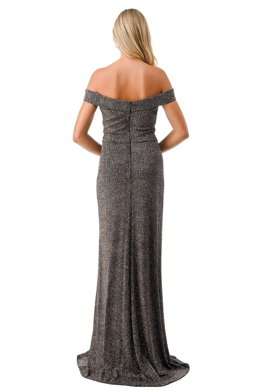 Fitted Off Shoulder Metallic Slit Gown by Coya D574