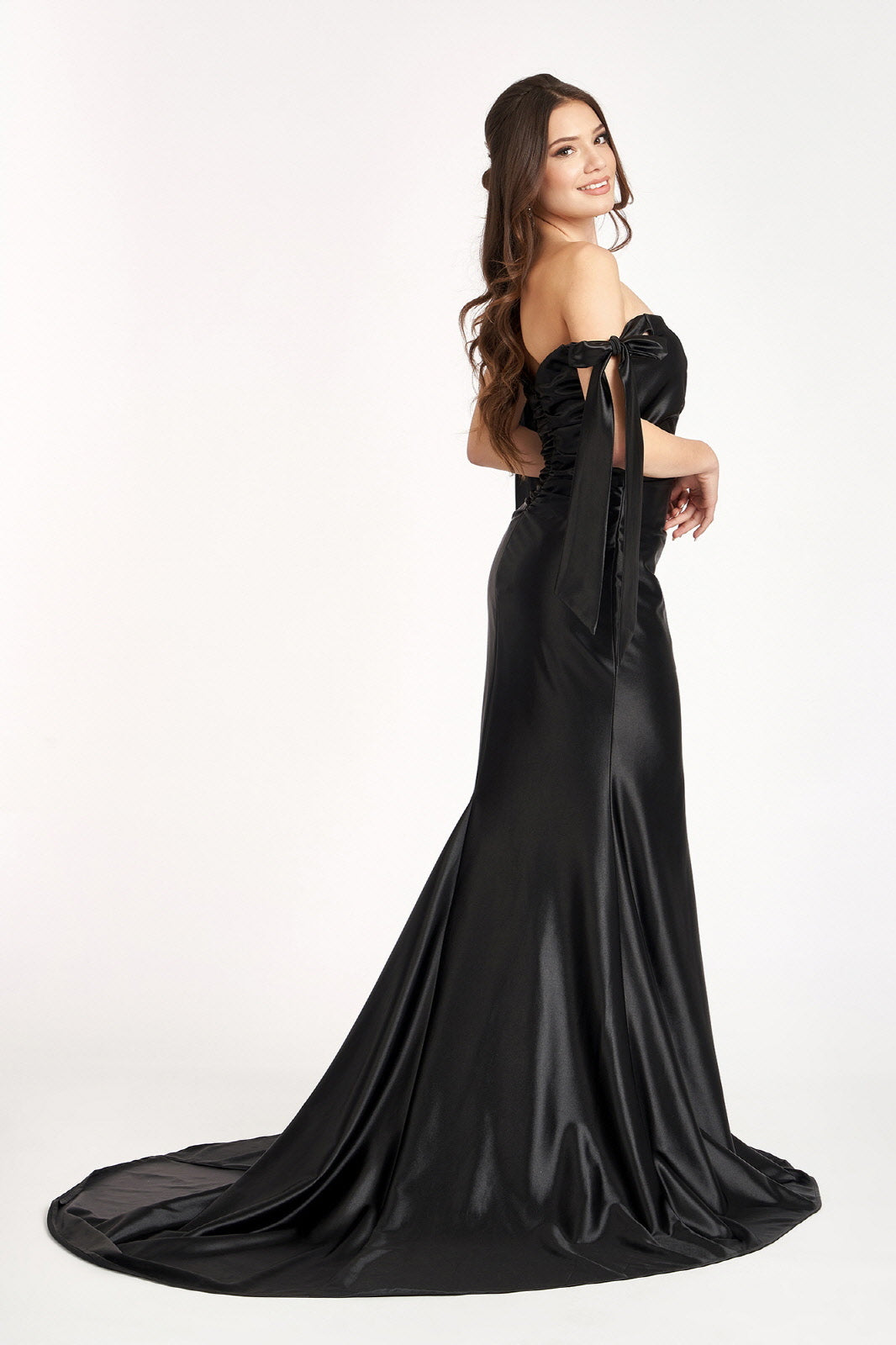 Fitted Off Shoulder Satin Gown by Elizabeth K GL3059