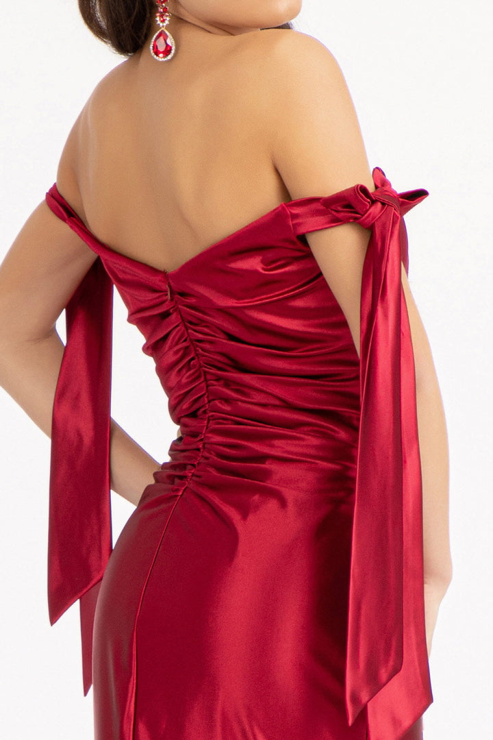 Fitted Off Shoulder Satin Gown by Elizabeth K GL3059