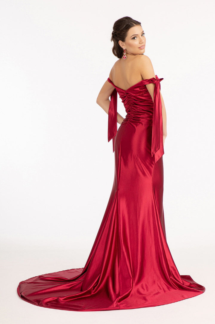 Fitted Off Shoulder Satin Gown by Elizabeth K GL3059