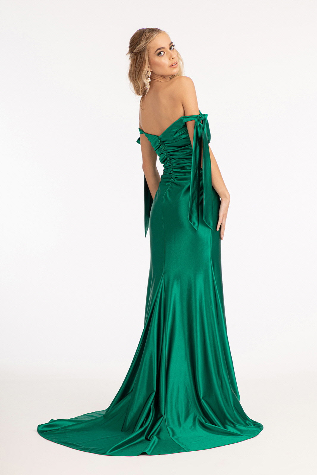 Fitted Off Shoulder Satin Gown by Elizabeth K GL3059