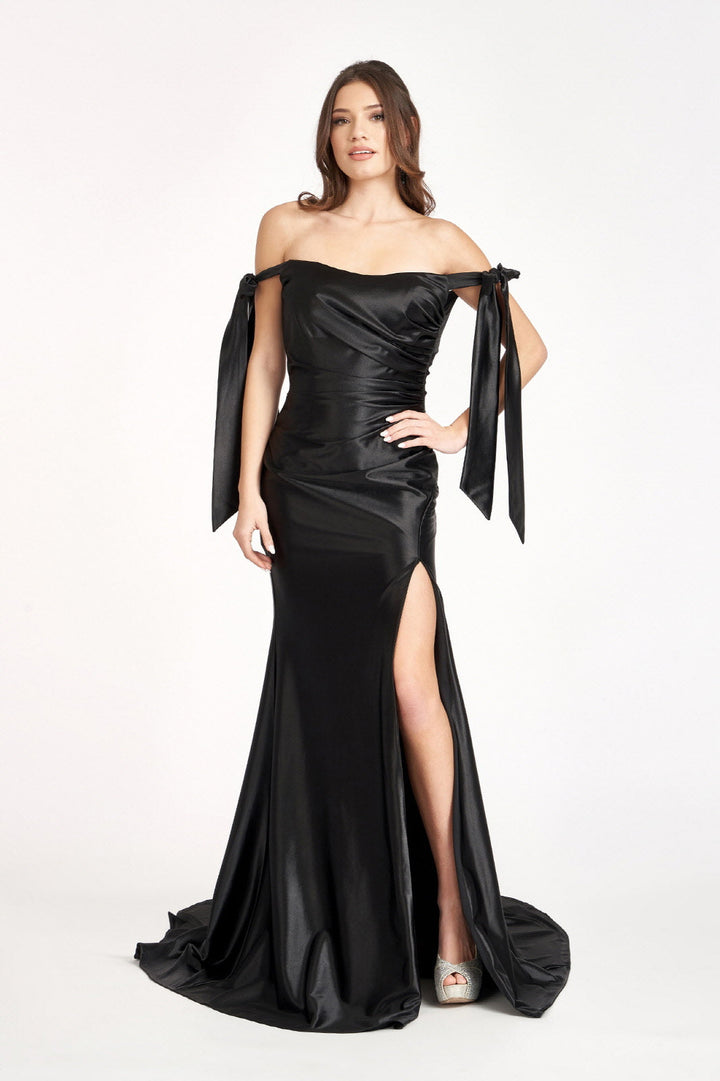 Fitted Off Shoulder Satin Gown by Elizabeth K GL3059