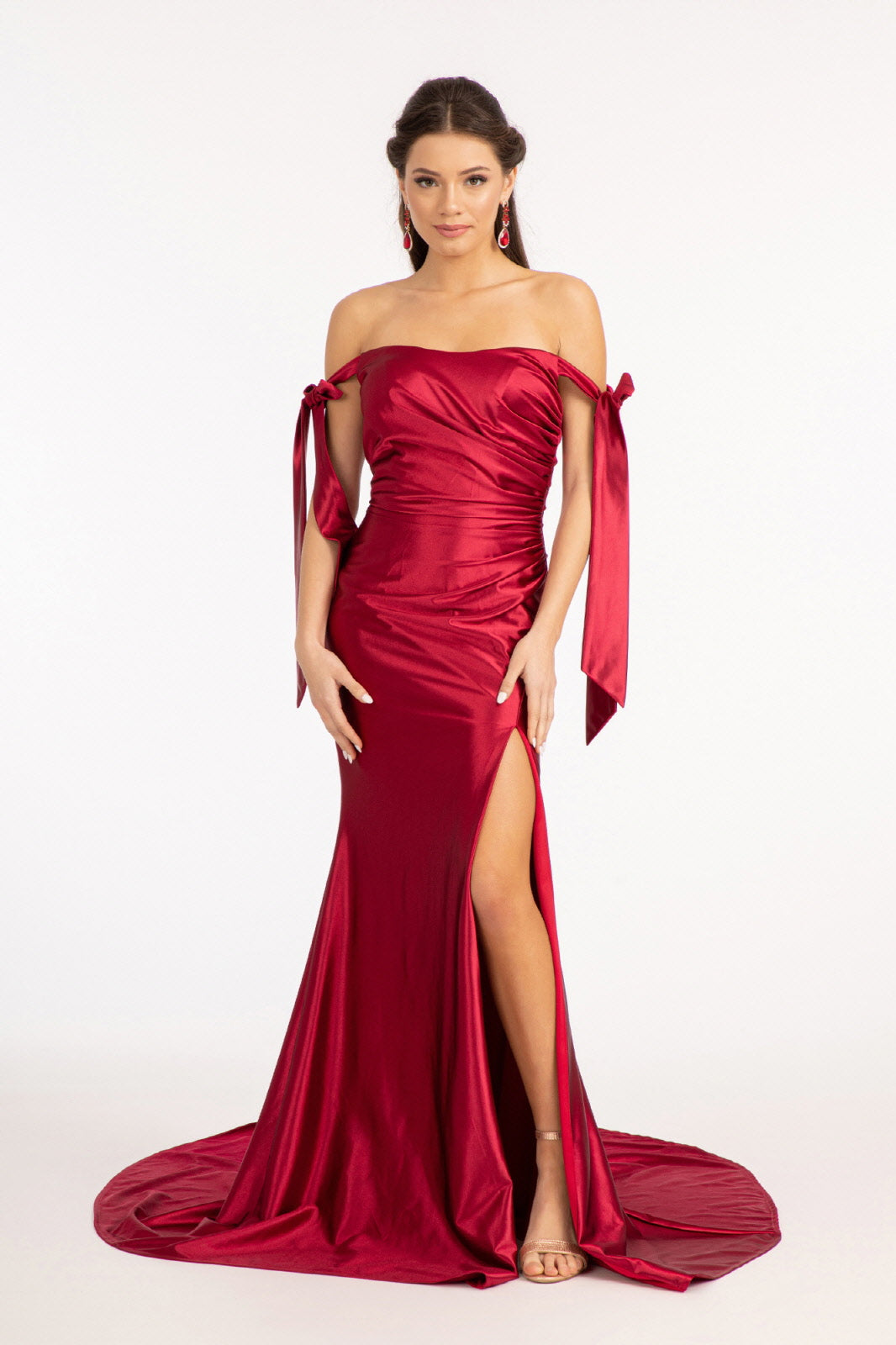 Fitted Off Shoulder Satin Gown by Elizabeth K GL3059