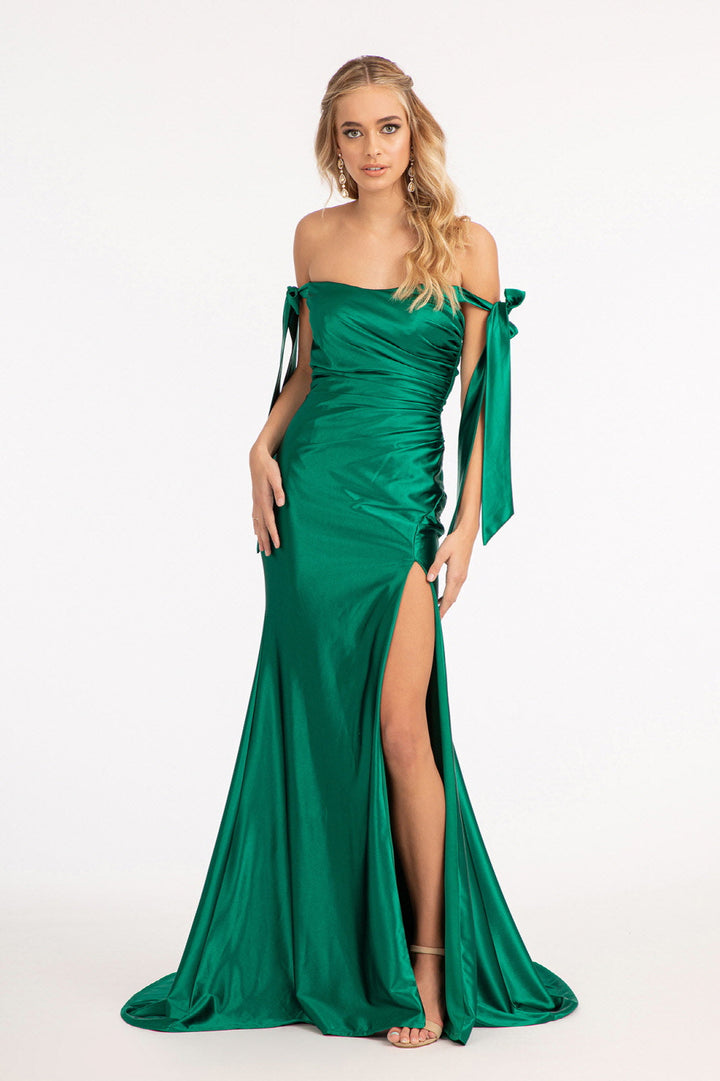 Fitted Off Shoulder Satin Gown by Elizabeth K GL3059