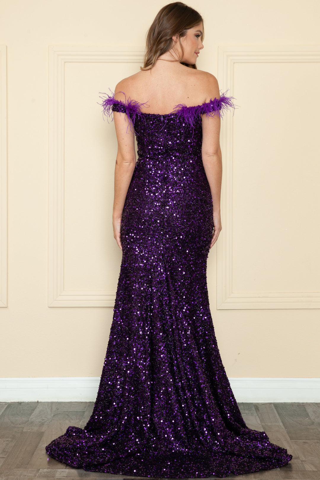 Fitted Off Shoulder Sequin Feather Gown by Poly USA 8980