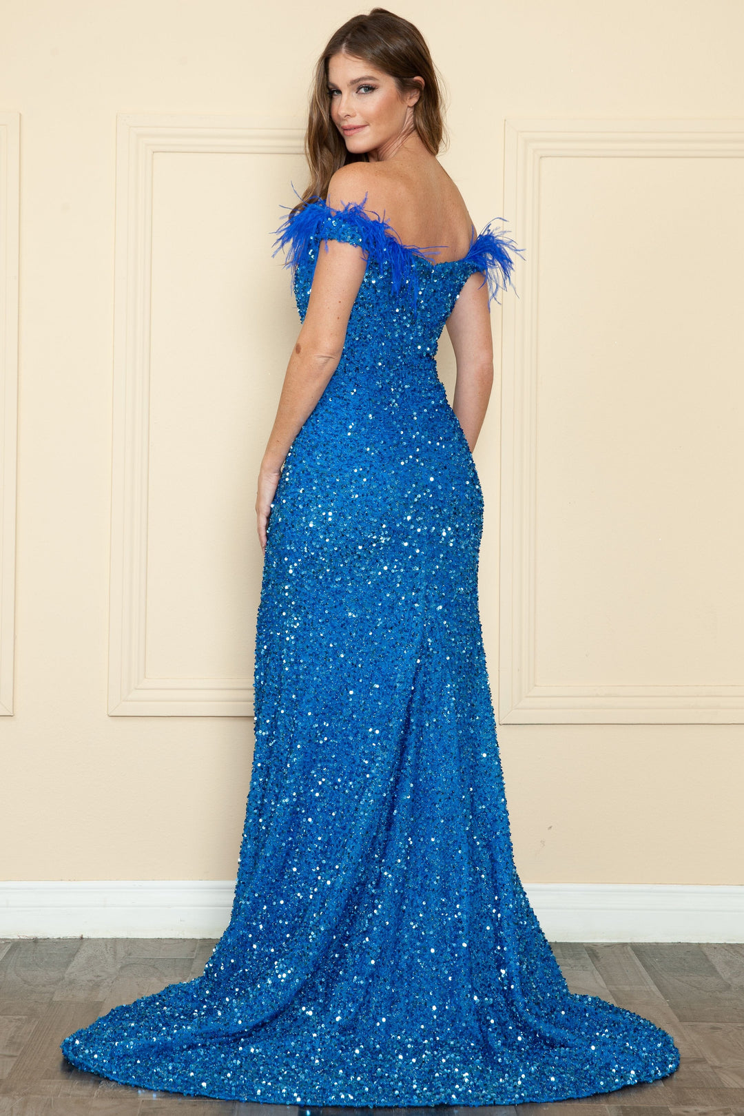 Fitted Off Shoulder Sequin Feather Gown by Poly USA 8980
