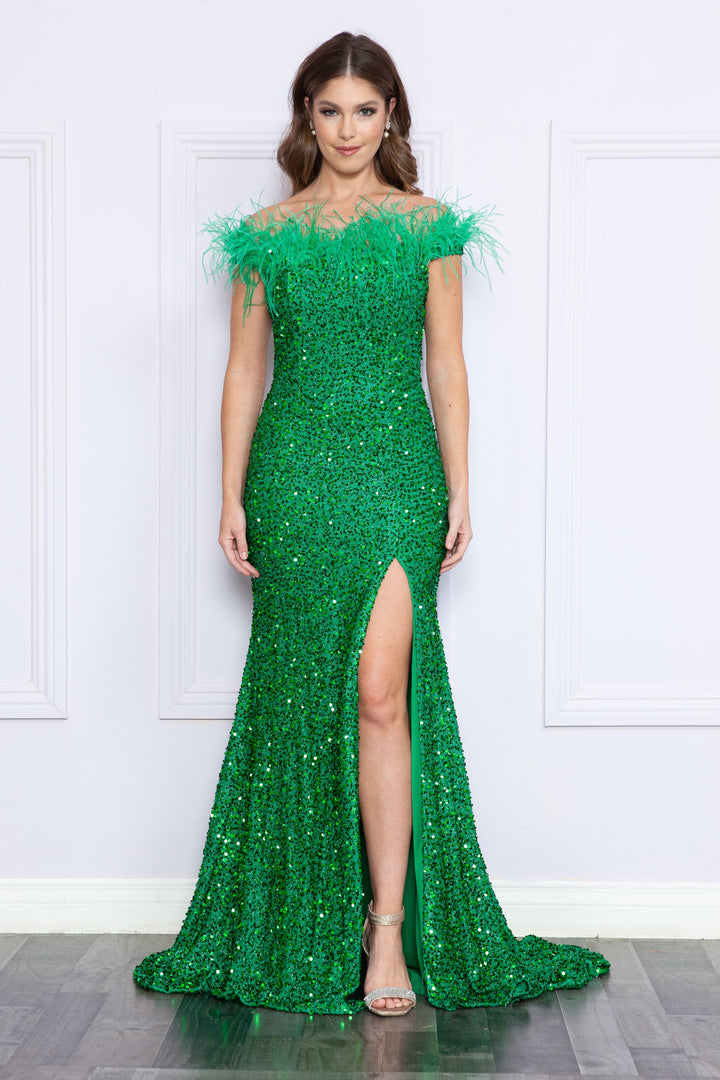 Fitted Off Shoulder Sequin Feather Gown by Poly USA 8980