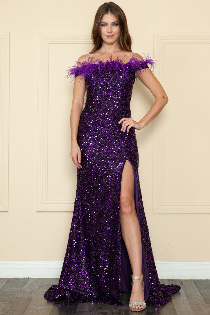 Fitted Off Shoulder Sequin Feather Gown by Poly USA 8980