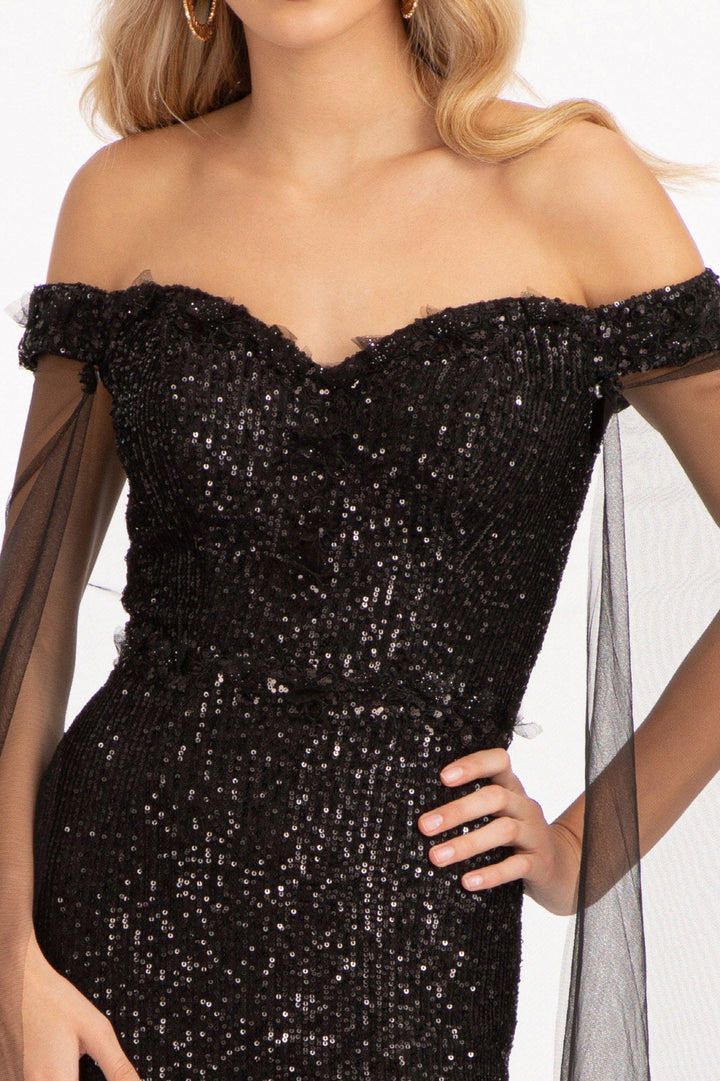 Fitted Off Shoulder Sequin Gown by Elizabeth K GL3054