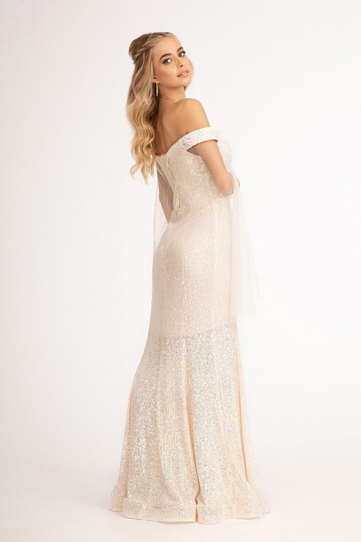 Fitted Off Shoulder Sequin Gown by Elizabeth K GL3054