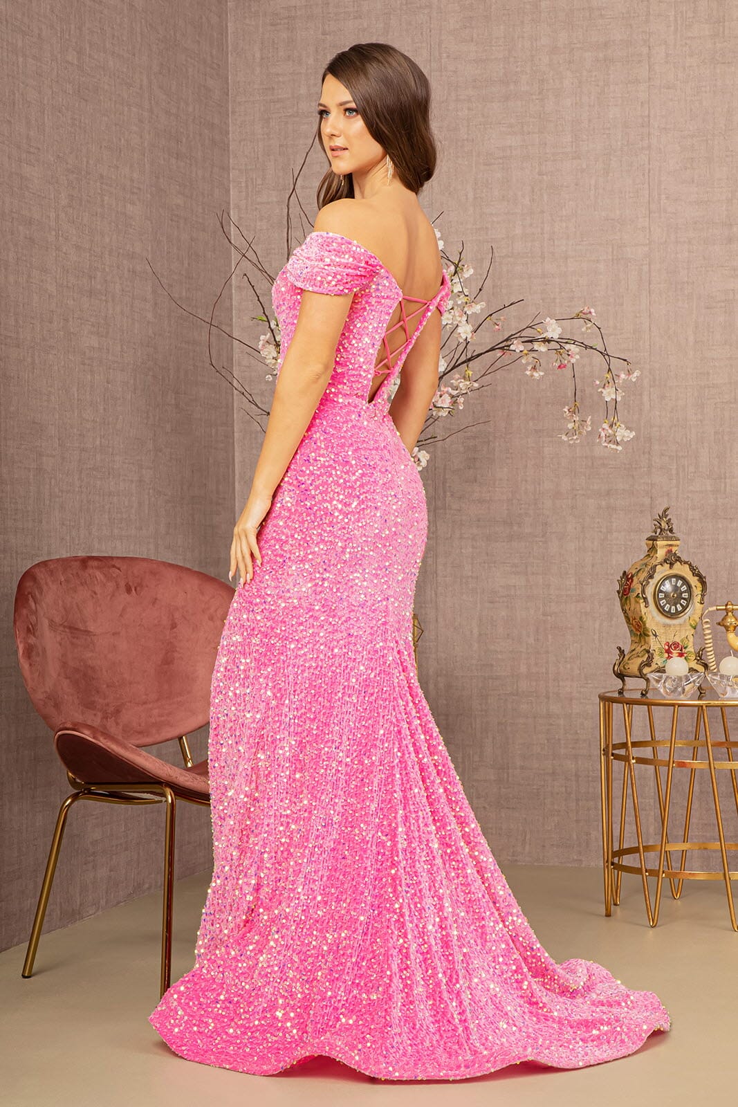 Fitted Off Shoulder Sequin Gown by Elizabeth K GL3148