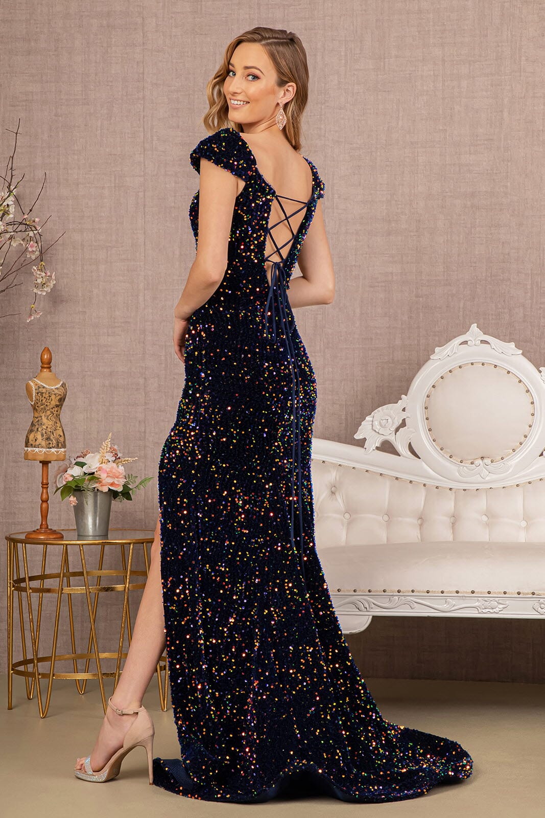 Fitted Off Shoulder Sequin Gown by Elizabeth K GL3148