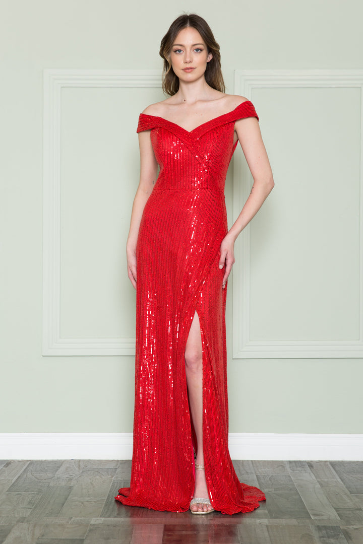 Fitted Off Shoulder Sequin Gown by Poly USA 8722
