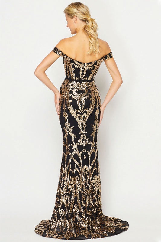 Fitted Off Shoulder Sequin Print Gown by Juliet 247