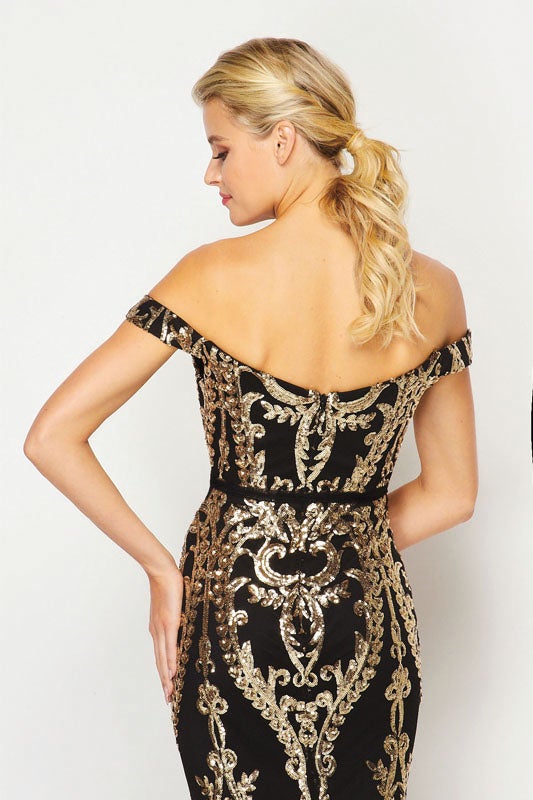 Fitted Off Shoulder Sequin Print Gown by Juliet 247