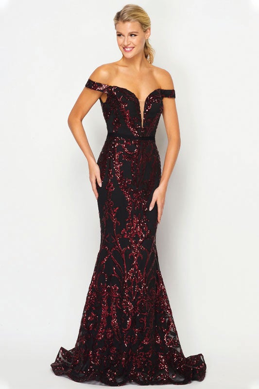 Fitted Off Shoulder Sequin Print Gown by Juliet 247