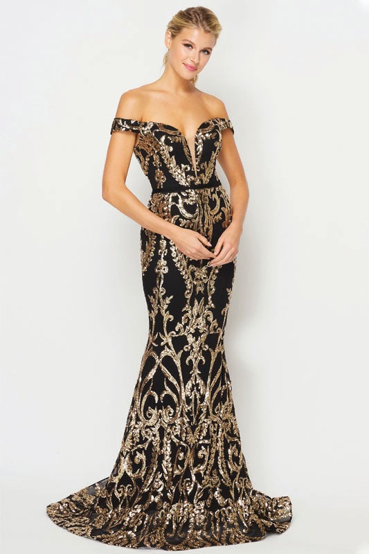 Fitted Off Shoulder Sequin Print Gown by Juliet 247