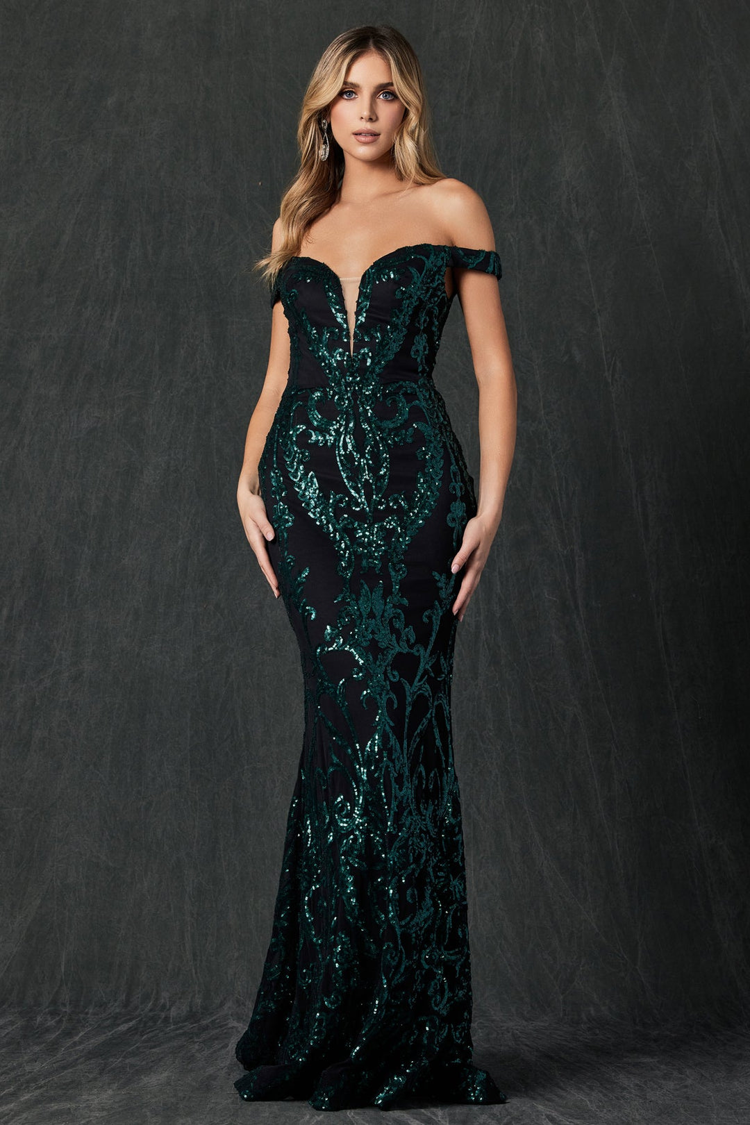 Fitted Off Shoulder Sequin Print Gown by Juliet 247