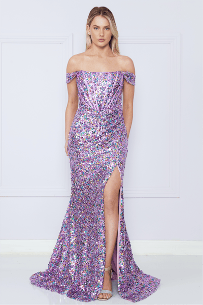 Fitted Off Shoulder Sequin Slit Gown by Poly USA 9150