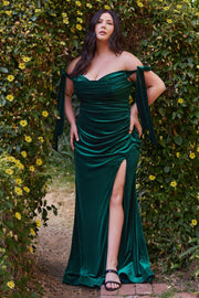 Fitted Off Shoulder Velvet Gown by Cinderella Divine CD956