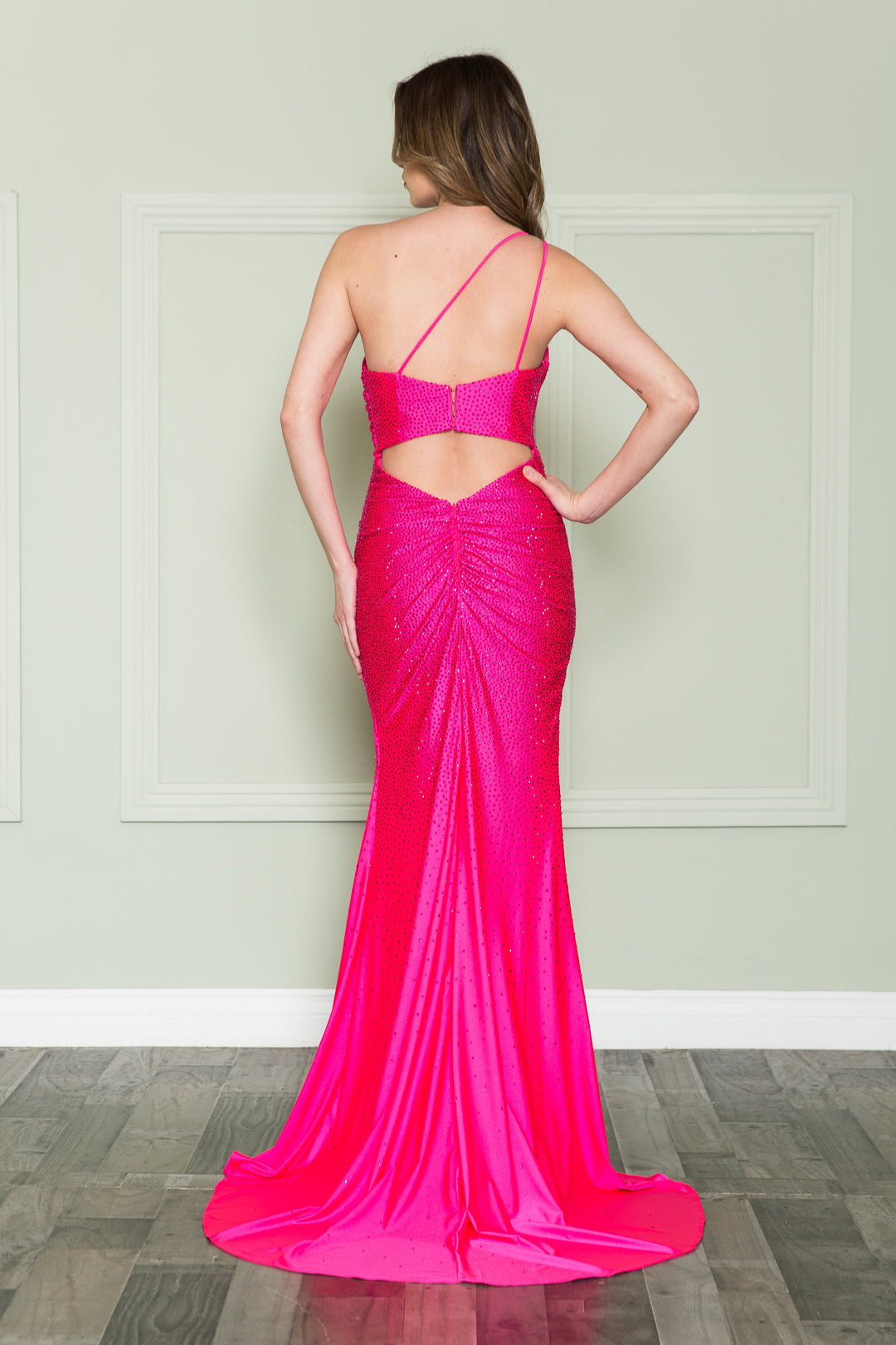 Fitted One Shoulder Rhinestone Gown by Poly USA 8914