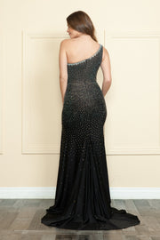 Fitted One Shoulder Rhinestone Slit Gown by Poly USA 9146
