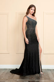 Fitted One Shoulder Rhinestone Slit Gown by Poly USA 9146