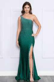 Fitted One Shoulder Rhinestone Slit Gown by Poly USA 9146