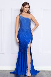 Fitted One Shoulder Rhinestone Slit Gown by Poly USA 9146
