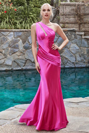 Fitted One Shoulder Satin Gown by Cinderella Divine CH164