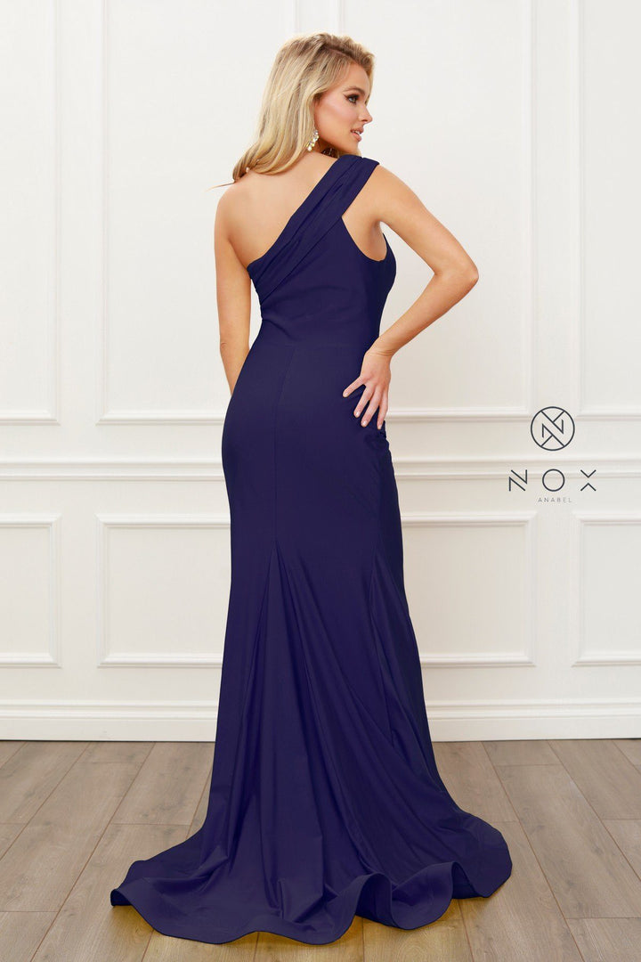 Fitted One Shoulder Slit Gown by Nox Anabel E440