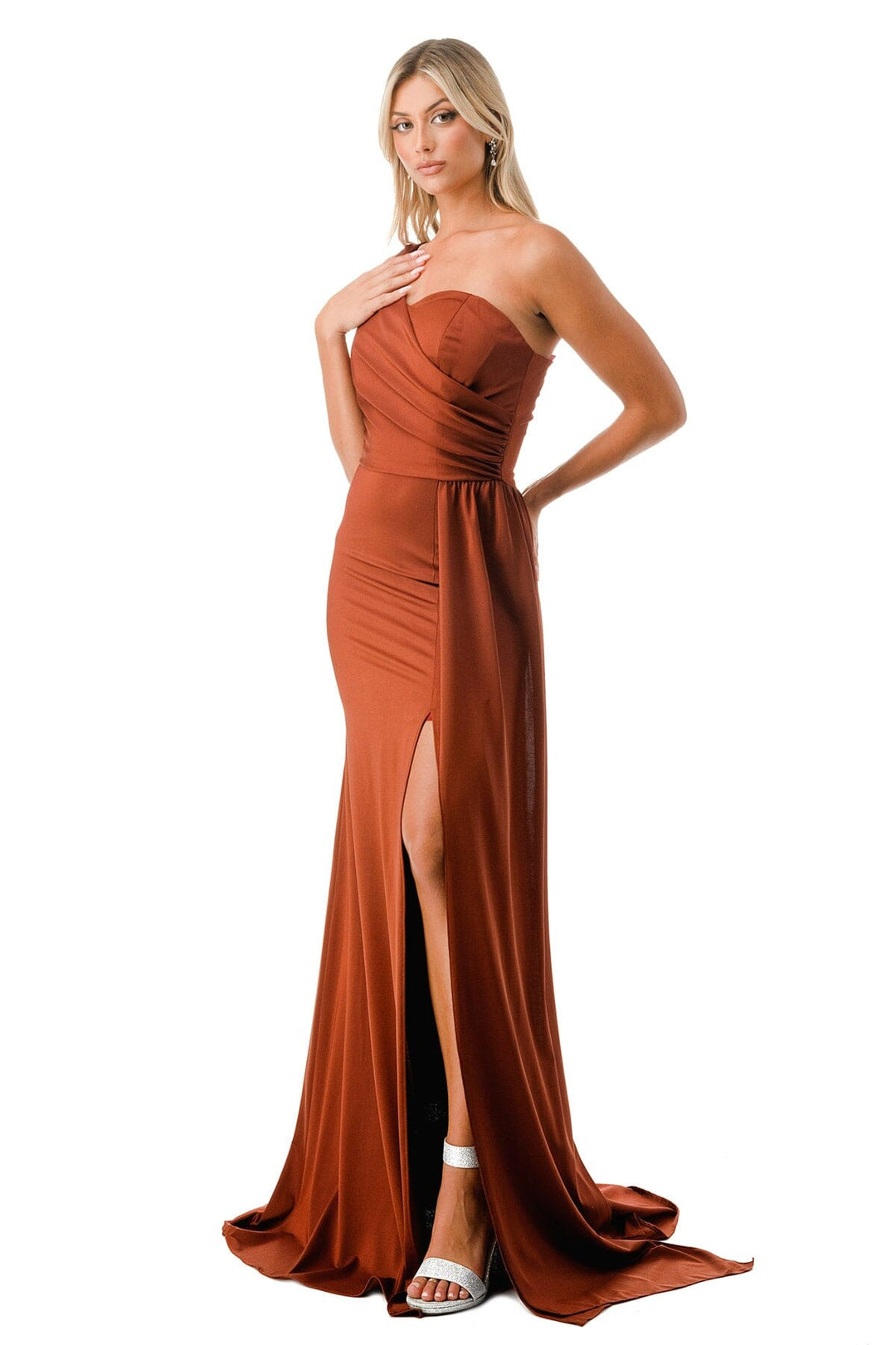 Fitted One Shoulder Slit Gown by Coya D567