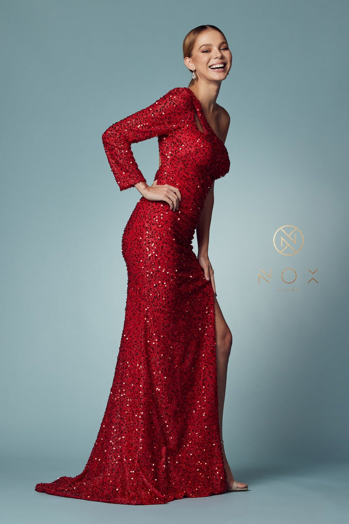 Fitted One Sleeve Sequin Gown by Nox Anabel S1013