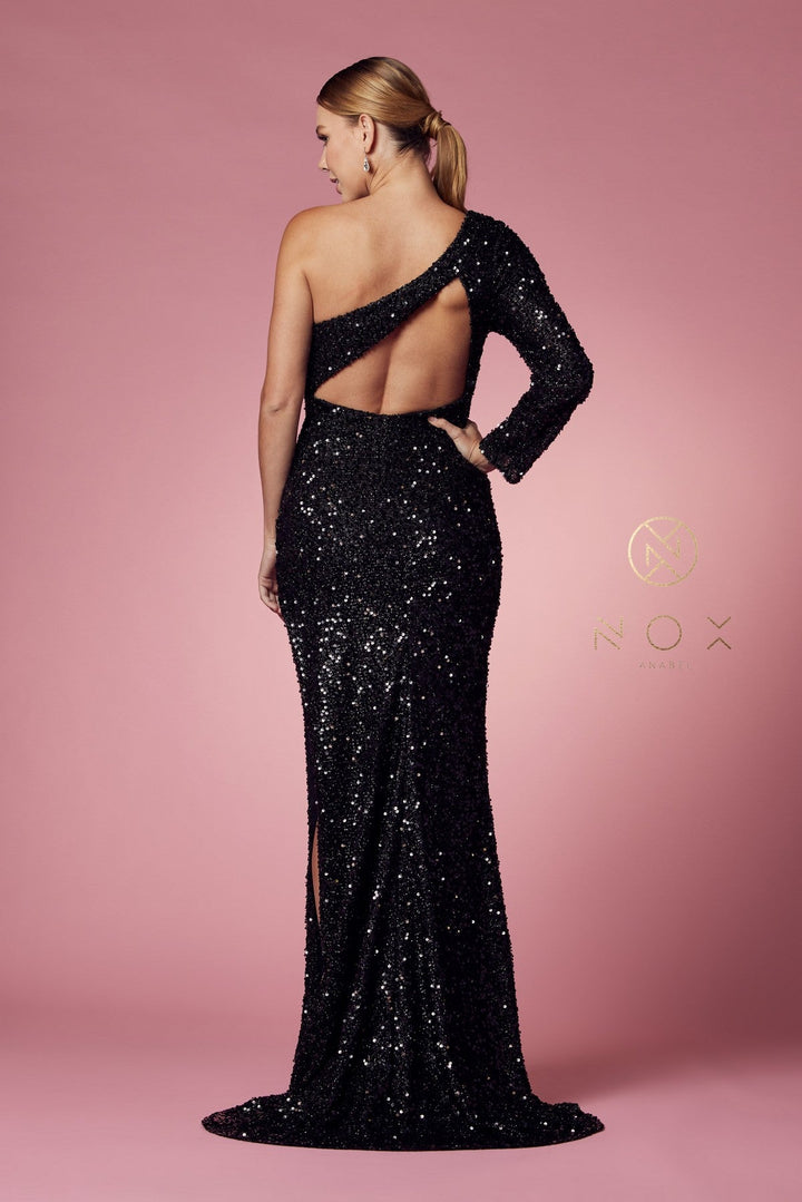 Fitted One Sleeve Sequin Gown by Nox Anabel S1013