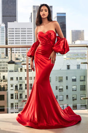 Fitted Puff Sleeve Satin Gown by Cinderella Divine CD983