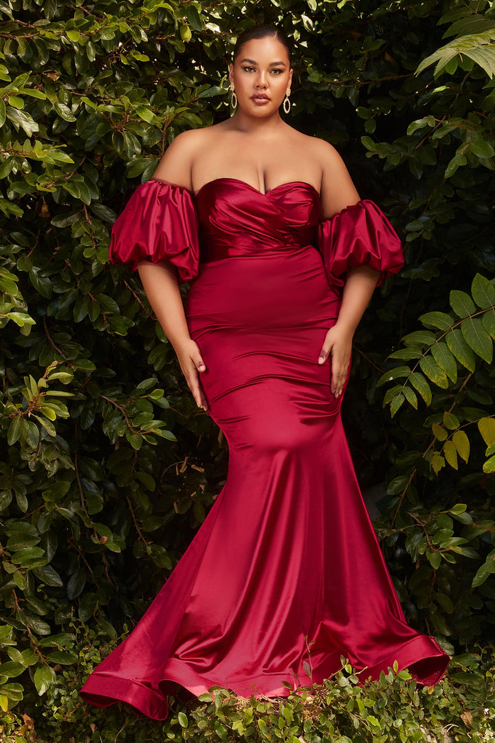 Fitted Puff Sleeve Satin Gown by Cinderella Divine CD983