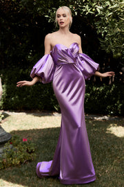 Fitted Puff Sleeve Satin Gown by Cinderella Divine CD983