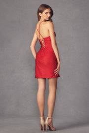 Fitted Ruched Short Glitter Slit Dress by Juliet 896