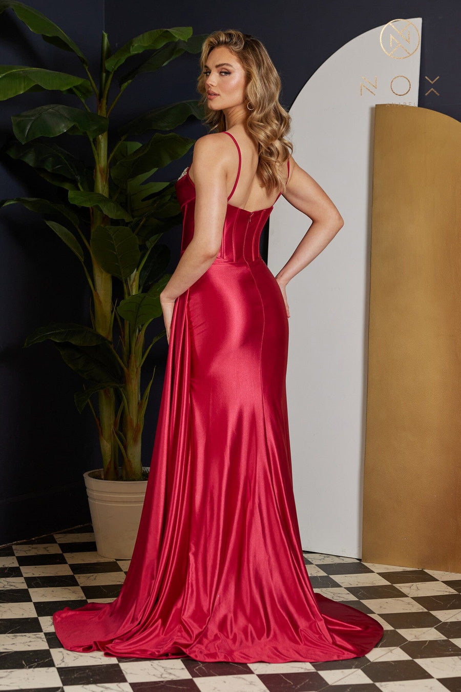 Nox Anabel H1672 Glitter Satin Dress with High Slit and Plunged Neckline