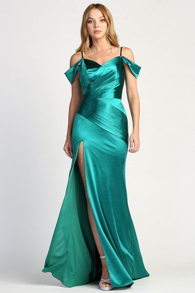 Fitted Satin Cold Shoulder Slit Gown by Adora 3063