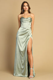 Fitted Satin Corset Cowl Slit Gown by Adora 3102