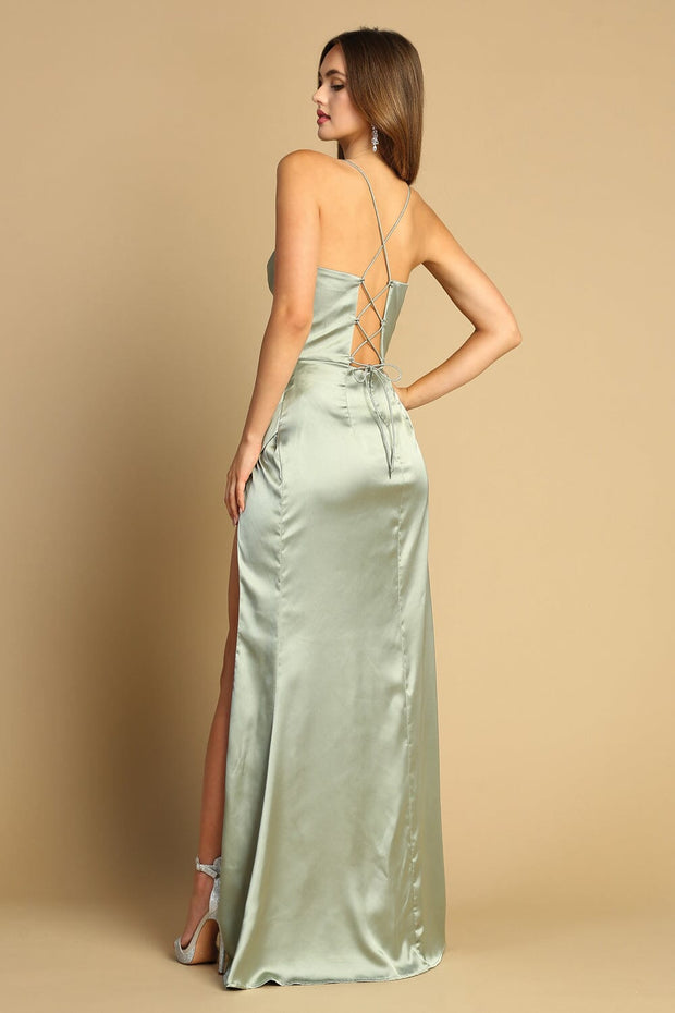 Fitted Satin Corset Cowl Slit Gown by Adora 3102