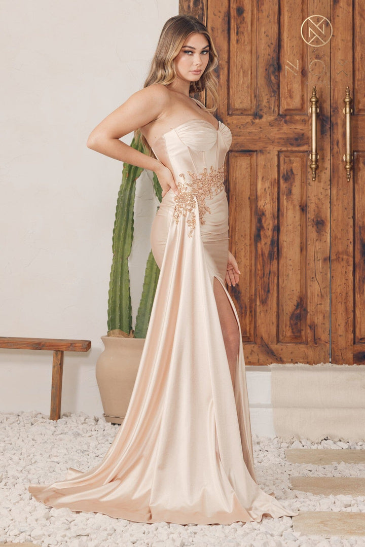 Fitted Satin One Shoulder Slit Gown by Nox Anabel E1239