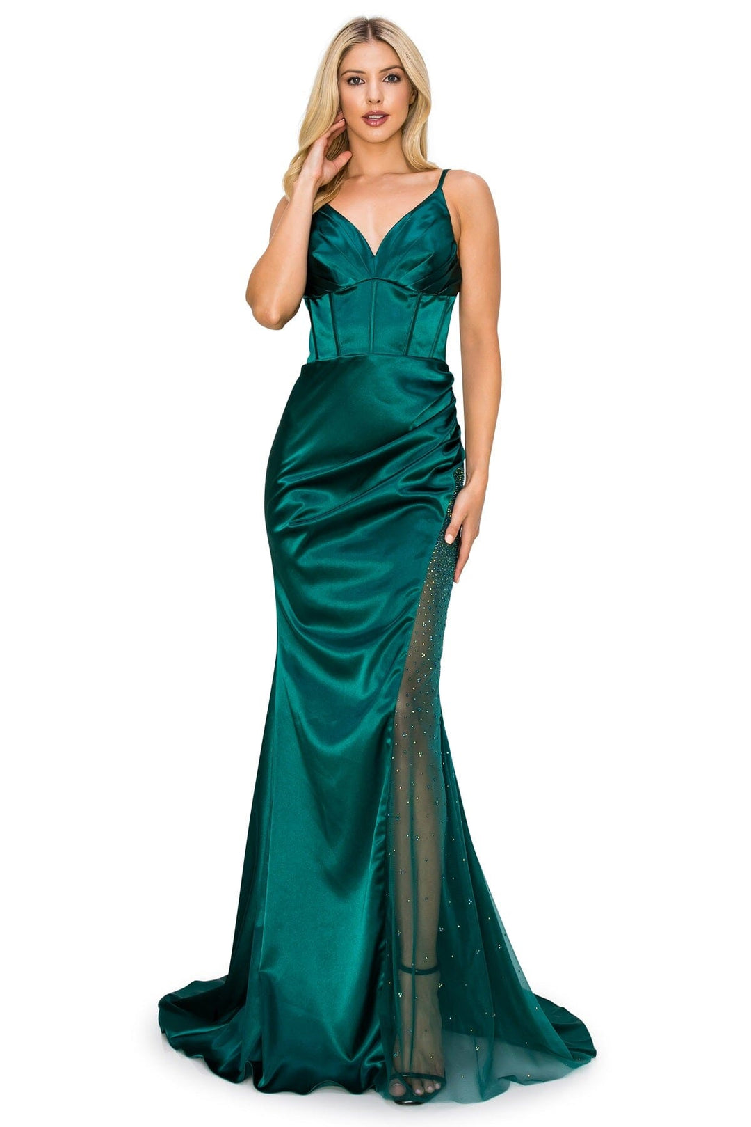 Fitted Satin Sheer Slit Gown by Cinderella Couture 8037J